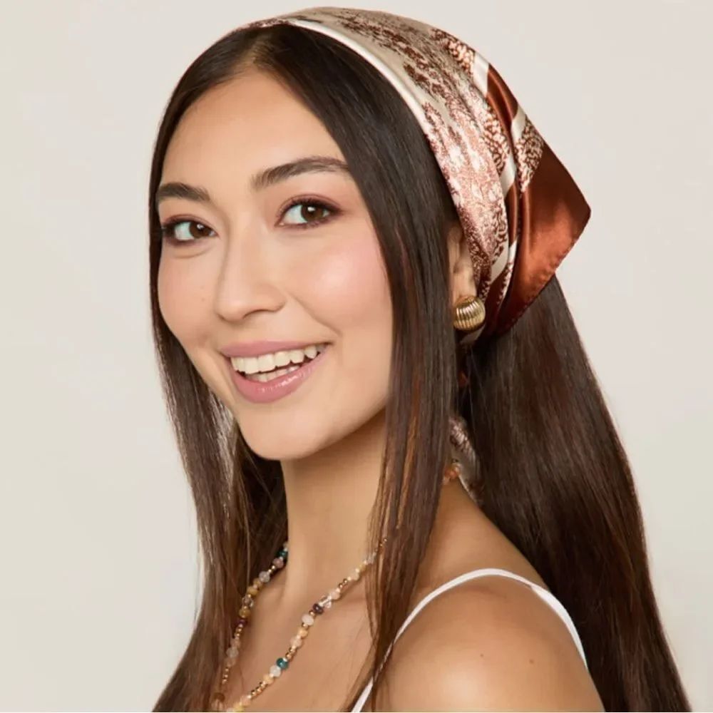 francesca’s Mona Forest Print Satin Square Bandana Scarf in White Brown